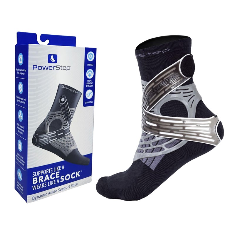Powerstep Unisexs Dynamic Stability Ankle Brace and Compression Sock for Flexibility Support and Injury Prevention Black Right Medium